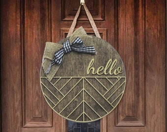 Accroche-porte de bienvenue en bois | Plaque pour porte d'entrée | Décoration personnalisée pour jeunes mariés et cadeau de fiançailles | Décoration d'entrée de maison rustique | Bonjour