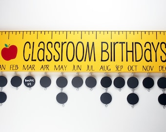 Classroom Birthday Board with Chalkboard Discs - Teacher Birthday Calendar Custom Wooden Sign- Ruler - BDB