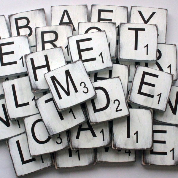 White Distressed Large Scrabble Tiles - 3.5" Scrabble Letters  - Scrabble Tiles Wall Art - Scrabble Wall Tiles - Large Scrabble Letters