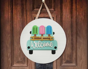 Accroche-porte de bienvenue en bois | Plaque pour porte d'entrée | Décoration personnalisée pour jeunes mariés et cadeau de fiançailles | Décoration d'entrée de maison rustique | Camion