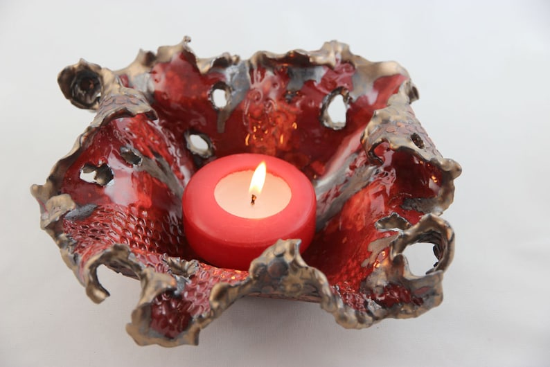 Clay Candle Luminary Red Candle Bowl Pottery Candle Dish Etsy