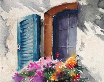 Coloring Page for Watercolor beginners - Digital Instant Download PDF - Window and Flower 1 - Blue, Pink, Yellow (13)