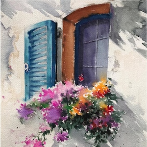 Malvorlage für Aquarell Anfänger - Digital Sofort Download PDF - Fenster und Blume 1 - Blau, Gelb, Rosa (13)