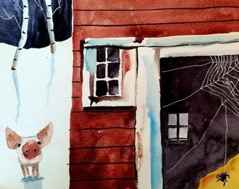 Coloring Page for Watercolor beginners - Digital Instant Download - Charlotte's Web Pig on Farm (11)