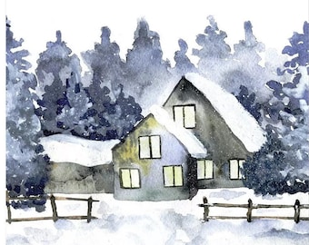 Coloring Page for Watercolor beginners - Digital Instant Download JPG - Snow Cabin Blue White Yellow (18)