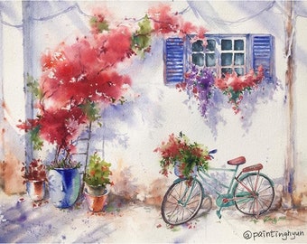 Coloring Page for Watercolor beginners - Digital Instant Download PDF - Flower, Window and Bike 1 - Red, Blue & Green (5)