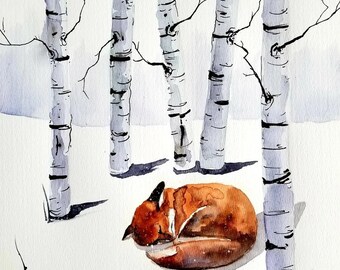 Coloring Page for Watercolor beginners -  Digital Instant Download - Sleeping Fox in Snowy Forest Cozy Calm Painting (2)