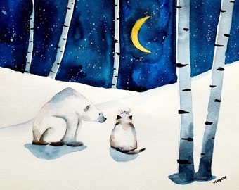 Coloring Page for Watercolor beginners - Digital Instant Download - Polar bear and Cat Sitting in Snowy Forest Looking at the Moon (3)