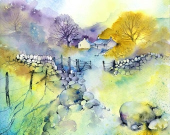 Coloring Page for Watercolor beginners - Digital Instant Download PDF - Village Rock Wall Yellow, Purple, Green (6)