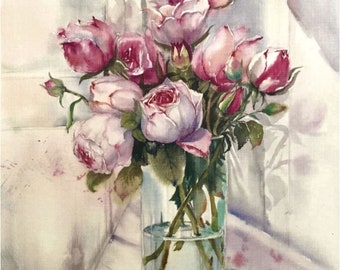 Coloriage pour débutants en aquarelle - Téléchargement instantané JPG avec tutoriel gratuit - Rose - Rose vert (12)