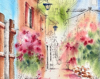 Coloring Page for Watercolor beginners - Digital Instant Download PDF - Street Flower Bush - Red Blue Green (15)