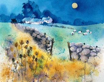 Coloring Page for Watercolor beginners - Digital Instant Download PDF - Rock Wall Sheep Under the Moon (9)