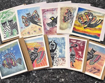 Ten cat cards from my linocuts