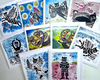 Ten cat cards from my linocuts