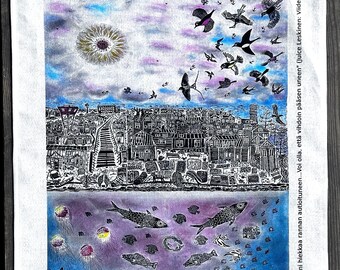 TEA TOWEL /birds & fish