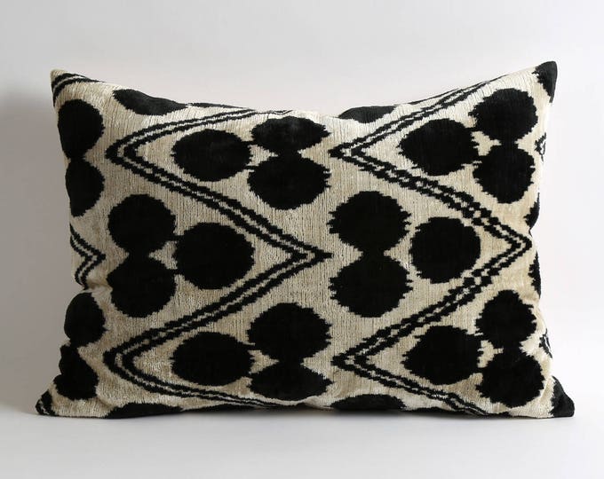 Black White Velvet Pillow Covers, 16x22 Handwoven Hand Dyed Silk Velvet