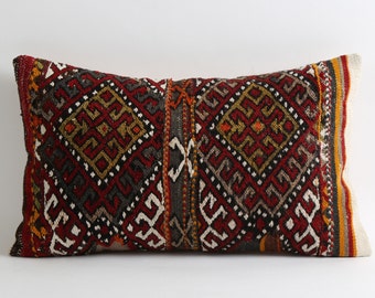 Lumbar kilim pillow cover, 80 years old bohemian pillow, 12x20 boho pillow