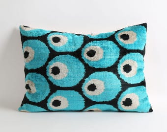 Teal velvet ikat pillow cover, 16x22 teal blue throw cushion