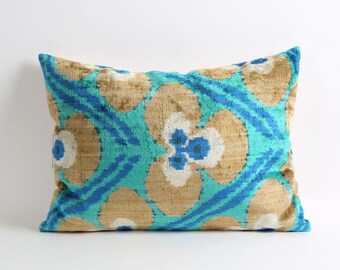 silk velvet ikat pillow cover, eclectic home decor, green brown and blue decorative pillows, ikat pillow