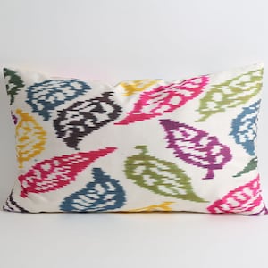 Hand-loomed Silk Ikat Pillow: Colorful Leaf Design, Uzbeki Cushion (16x26)