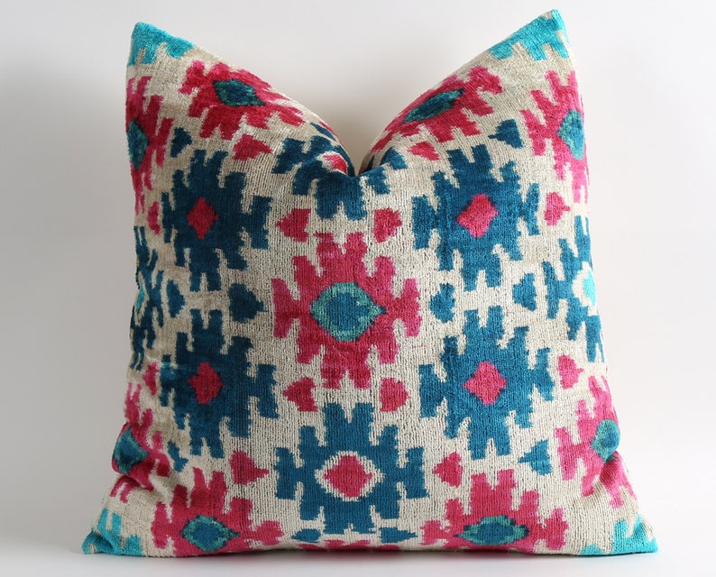 20x20 Ikat Velvet Pillow Cover Pink Blue Decorative Cushion Etsy