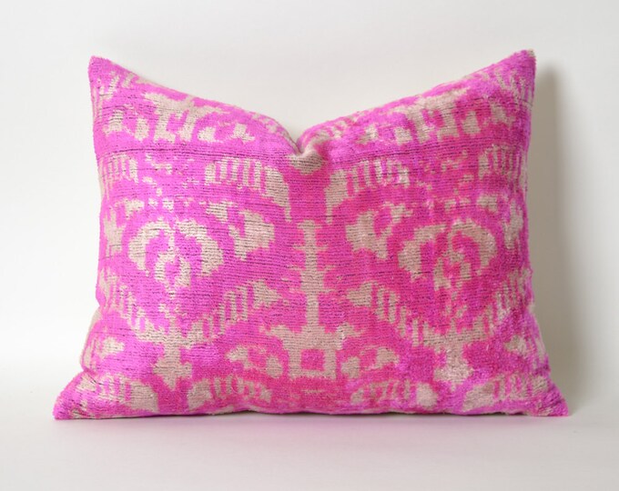 12x16 Pink Ikat Pillow Cover Organic Shine Silk Velvet Ikat Neon Pink