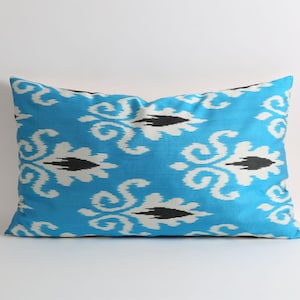 Blue Silk Ikat Pillow Cover: Handwoven Boho Accent Pillow (16x26)
