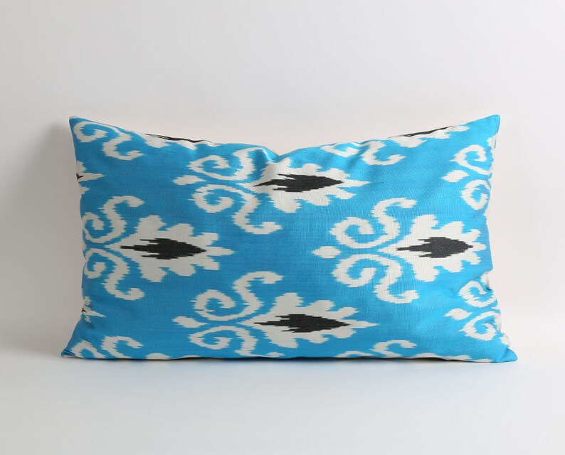 Blue ikat pillow, ikat pillow cover, blue silk pillows, boho pillow, eclectic pillow, throw accent pillow, sofa pillow, bedding pillow image 1