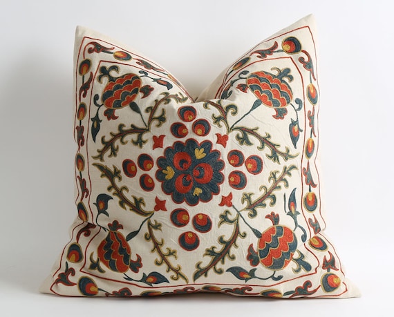 bohemian decorative pillow Silk suzani Luxurious ivory Suzani pillow cover