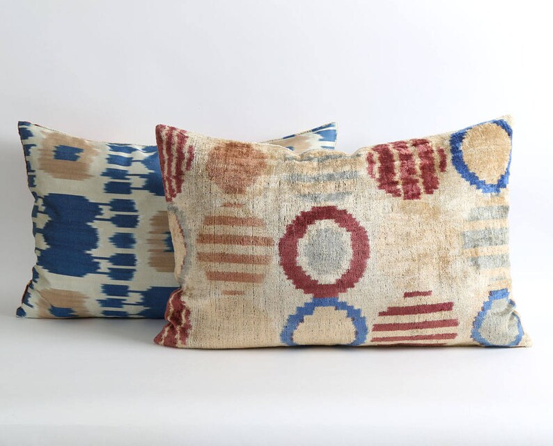 Ivory Brown Blue Silk Velvet Ikat Pillow Cover With Silk Etsy
