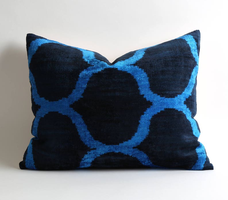 Velvet Ikat Pillow Cover 16x20 Navy Blue Sofa Cushion Etsy