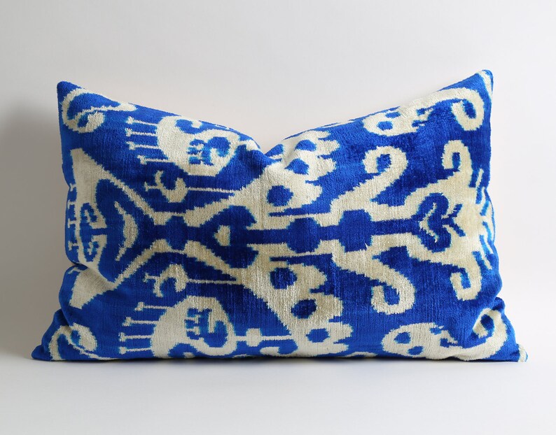 Blue silk ikat velvet pillowcase 16x24 lumbar cushion Etsy