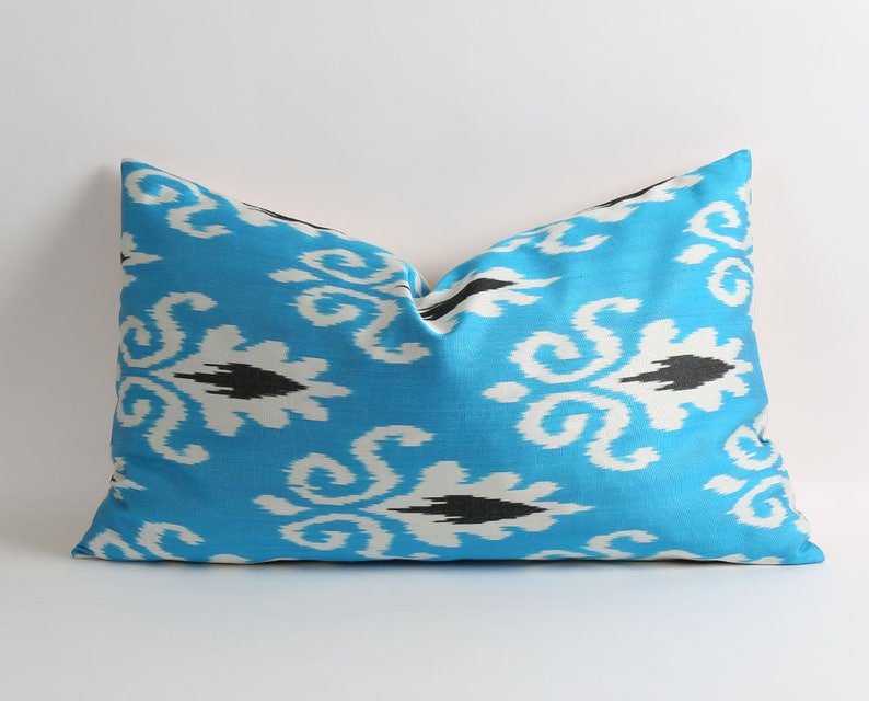 Blue ikat pillow, ikat pillow cover, blue silk pillows, boho pillow, eclectic pillow, throw accent pillow, sofa pillow, bedding pillow image 2