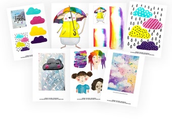 Clouds and Rain themed collage sheet bundle for journals, planners and scrapbooks etc