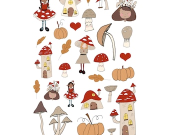 Fungi Friends Autumn scrapbooking or planner Illustration Stickers 001