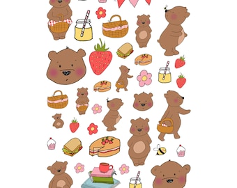 Bears Summer Picnic Party scrapbooking, planner Illustration Stickers 001