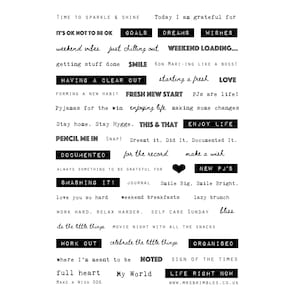 Könnte beinhalten: Schwarz-weiße druckbare Planer-Aufkleber mit motivierenden Zitaten und Sätzen wie "Weekend Vibes", "Smile", "Fresh New Start", "Make a Wish", "Work Hard, Relax Harder", "Self Care Sunday", "Life Right Now" und "My World".