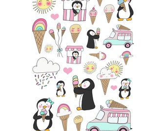 Popsicle Penguins Ice Cream Parlour scrapbooking, planner Illustration Stickers 001