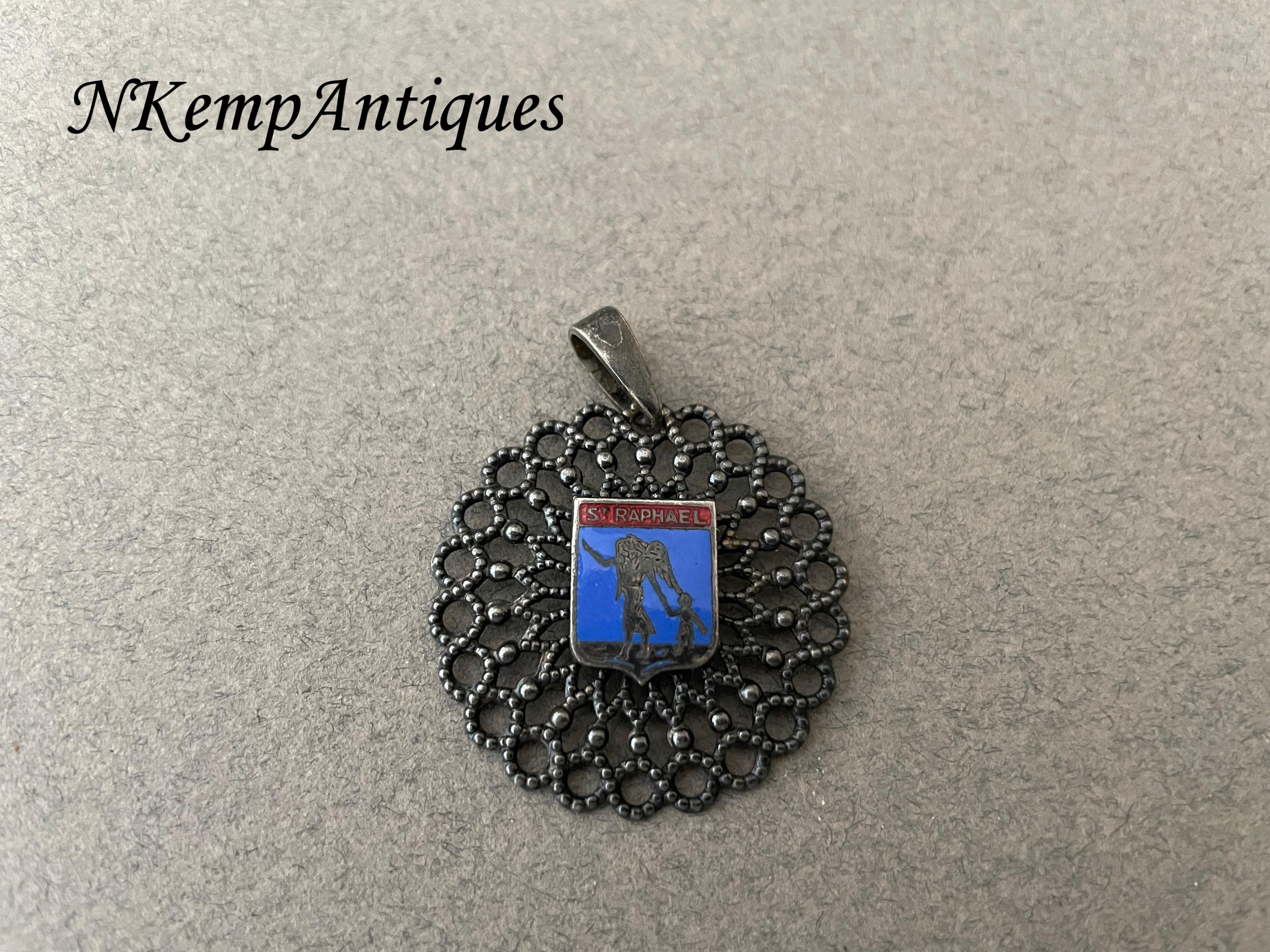 Old filigree pendant St Raphael enamel