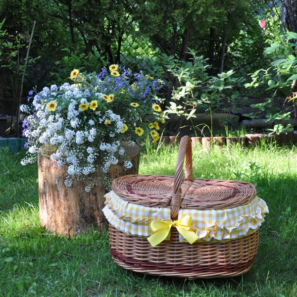 Willow picnic basket with yellow gingham insert, wicker hand woven basket