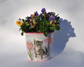 Pastel pink planter, gift for cat lovers, hand painted plant container, cute animal pot