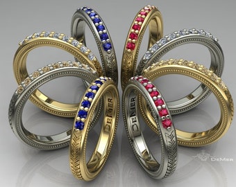 Diamond stacking rings in 14kt gold. Ruby & sapphire stackers. Heartblack Manor by DeMer Jewelry. Art Deco ombre nine stone wedding bands.