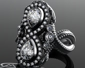 2cttw 18kt white & black gold big antique style infinity engagement or cocktail ring. Pear fancy shape diamonds celtic scroll victorian.