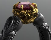 Garnet engagement ring in 2-tone antiqued black white and European yellow gold. Gothic heavy scrollwork solitaire claw prong Victorian ring.