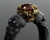 Skull engagement ring with red diamond in solid blackened 14kt gold. Gothic engagement ring. Shared breath. Spooky Jewelry. Amethyst Eyes