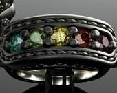 Rainbow diamond 1.25cttw and 14kt grey gold ring. Diamond ring in stitched leather style brogue jewelry. non-binary DeMer Jewelry bridal.