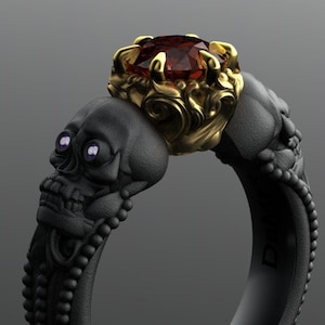 Skull engagement ring with red diamond in solid blackened 14kt gold. Gothic engagement ring. Shared breath. Spooky Jewelry. Amethyst Eyes