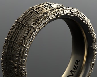 Linen Dobby aged threadbare heavy 14kt yellow gold wedding band. Wabi Sabi wedding band for men or women. Textured organic style black gold.