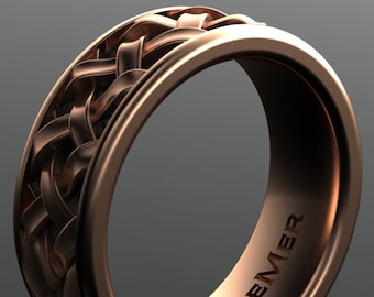 Basketweave woven comfort fit wedding band in solid 14kt rose red pink gold with black gold antique. Mens or womens wide ring. Customizable.