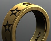 Star Wedding Band. Heavy solid 14kt European gold. Black gold rhodium, thick wide wedding ring. Customizable Rock Star Engraved Mens ring.